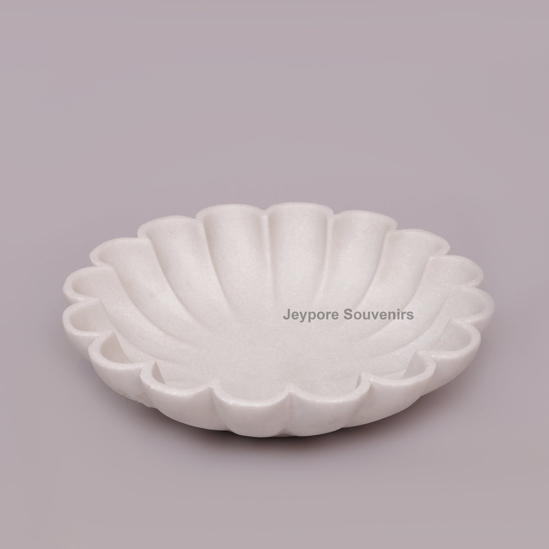 Hand-Carved White Marble scalloped Urli Bowl With Petal Shape