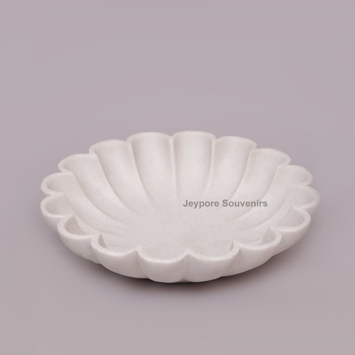 Hand-Carved White Marble scalloped Urli Bowl With Petal Shape