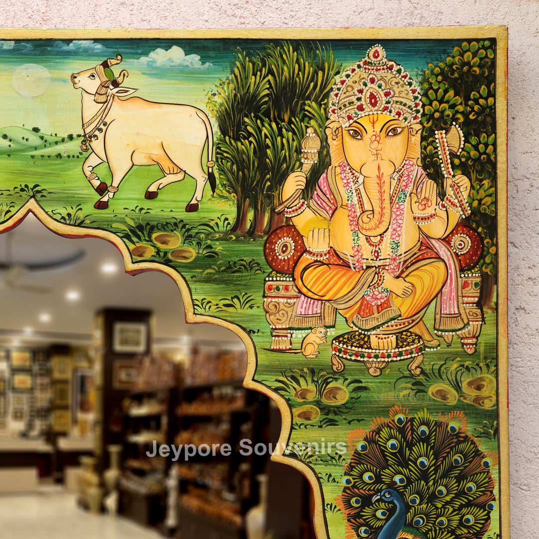 Handcrafted Pichwai Lord Ganesha Decorative Wall Mirror Frame