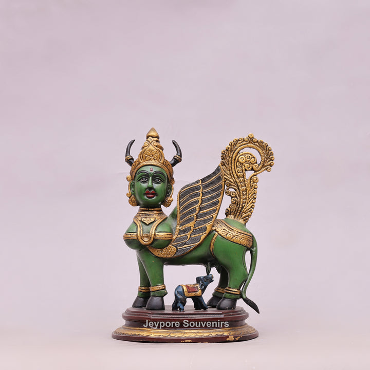 10" Handcrafted Brass Kamdhenu Cow with Calf Statue