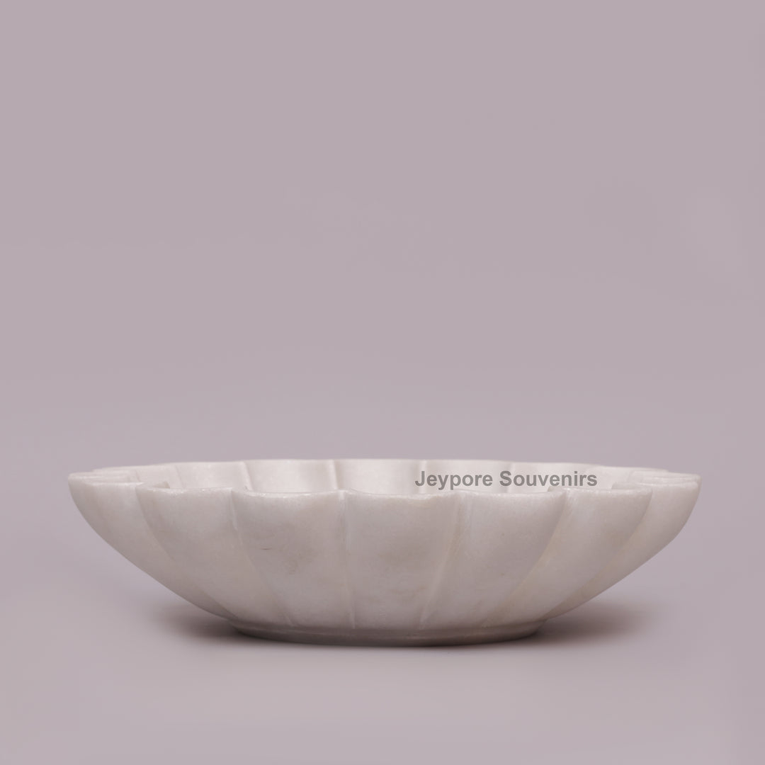 Hand-Carved White Marble scalloped Urli Bowl With Petal Shape