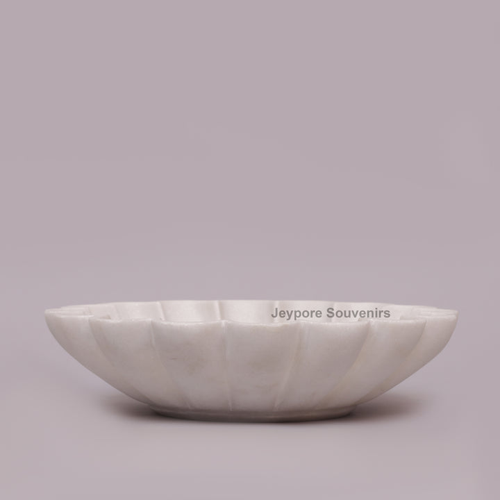 Hand-Carved White Marble scalloped Urli Bowl With Petal Shape