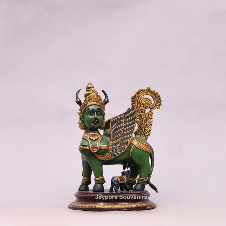 10" Handcrafted Brass Kamdhenu Cow with Calf Statue