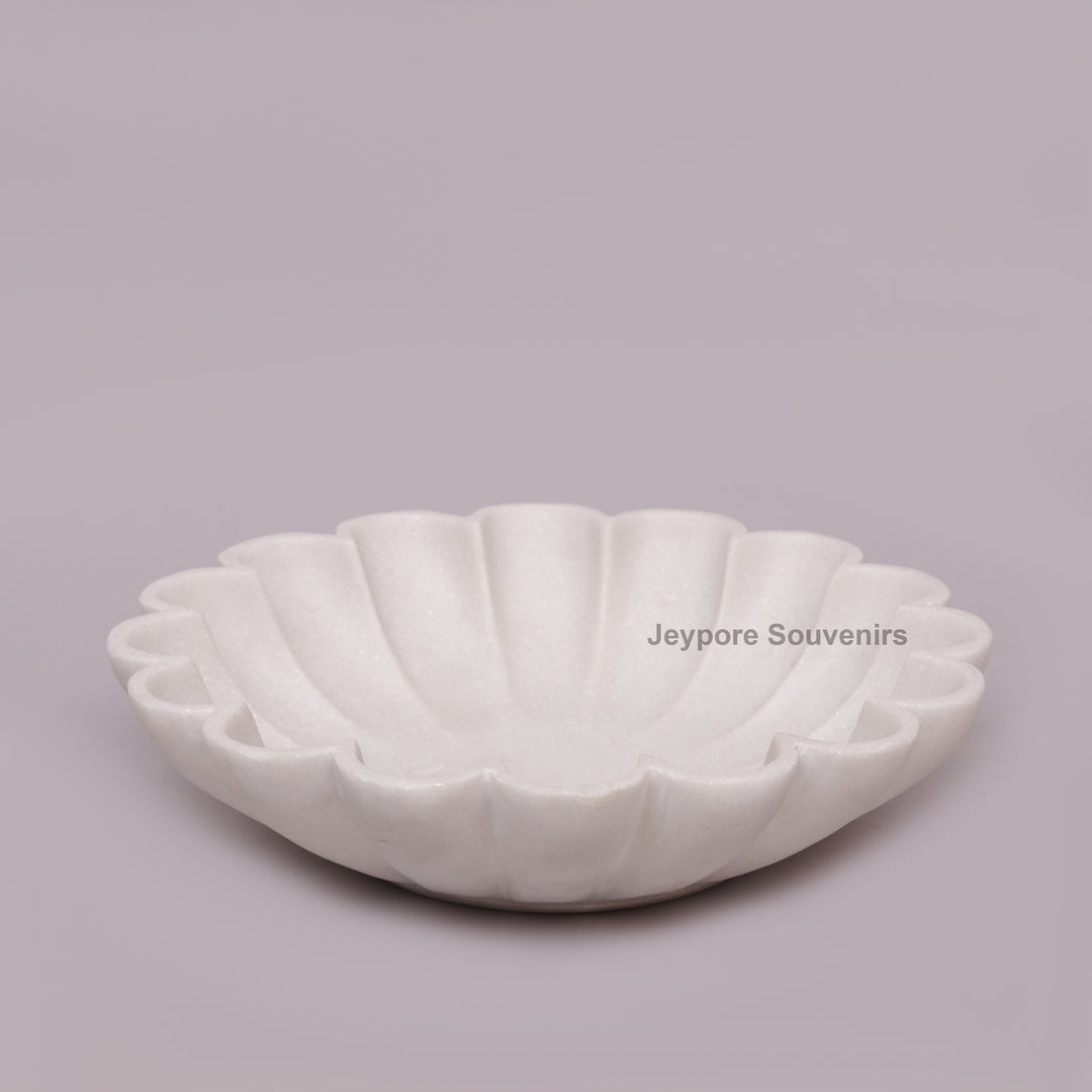 Hand-Carved White Marble scalloped Urli Bowl With Petal Shape