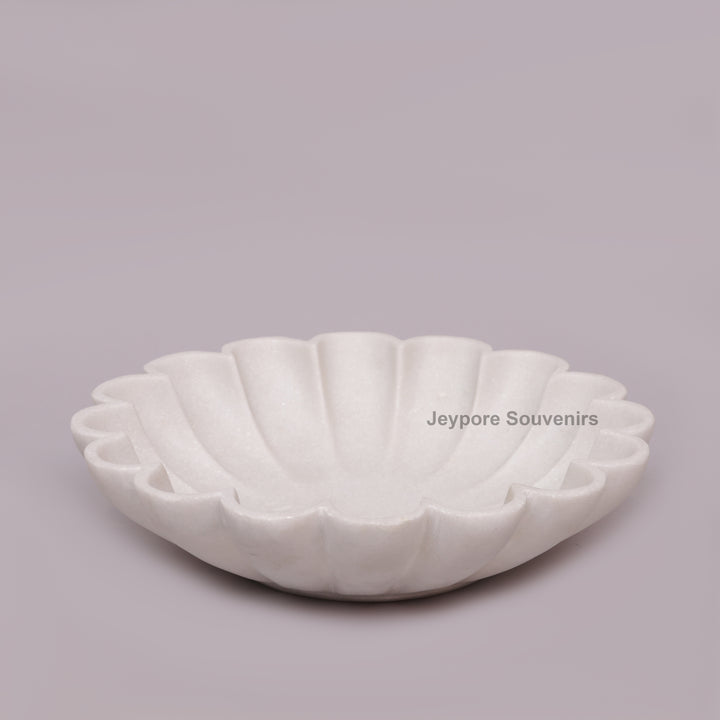 Hand-Carved White Marble scalloped Urli Bowl With Petal Shape