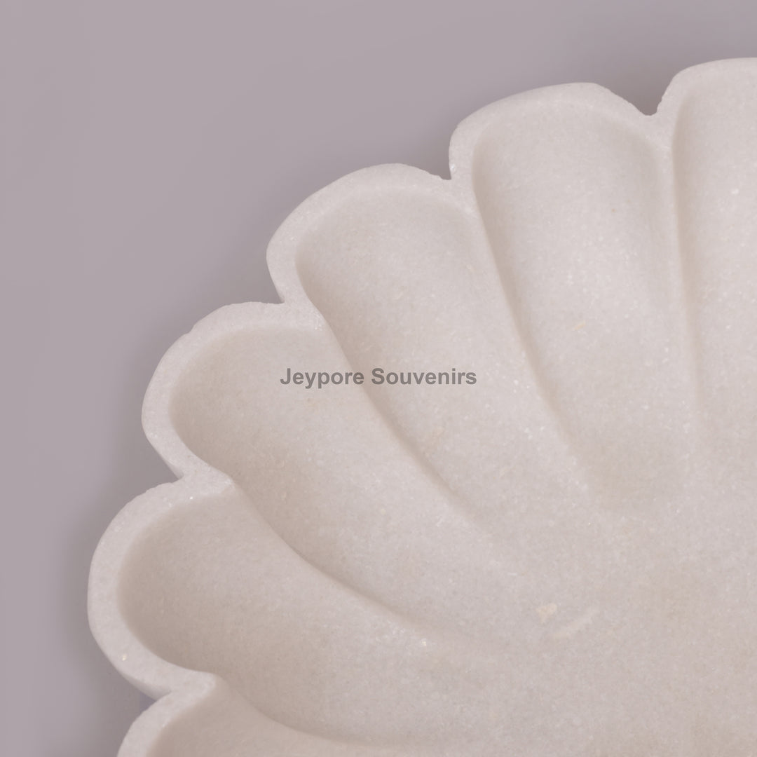 Hand-Carved White Marble scalloped Urli Bowl With Petal Shape