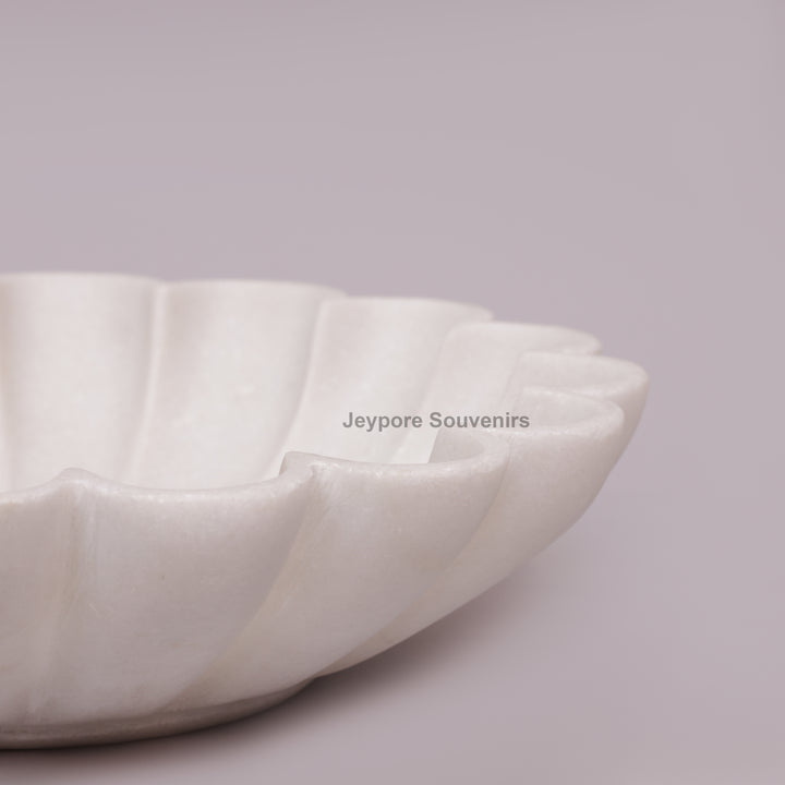 Hand-Carved White Marble scalloped Urli Bowl With Petal Shape