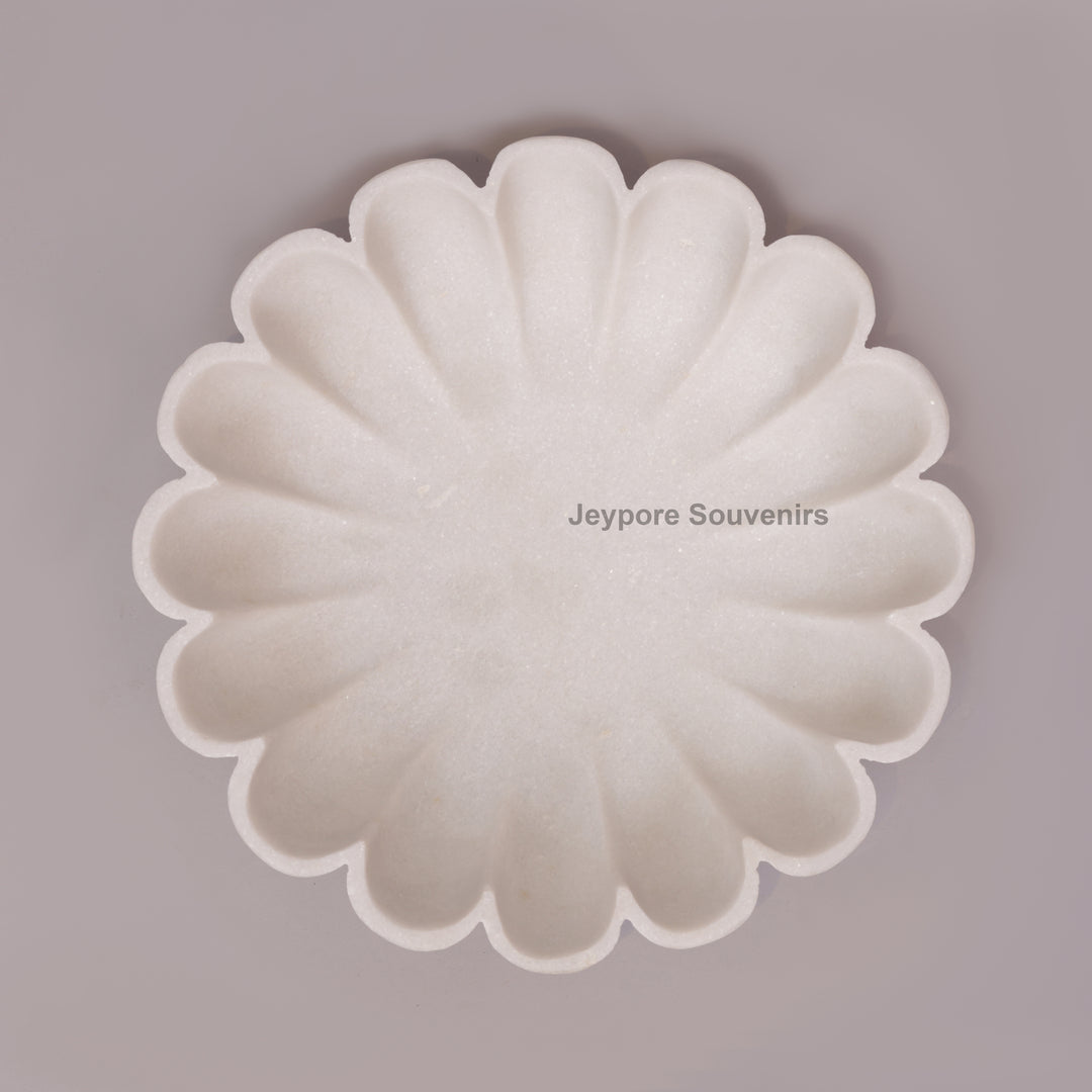 Hand-Carved White Marble scalloped Urli Bowl With Petal Shape