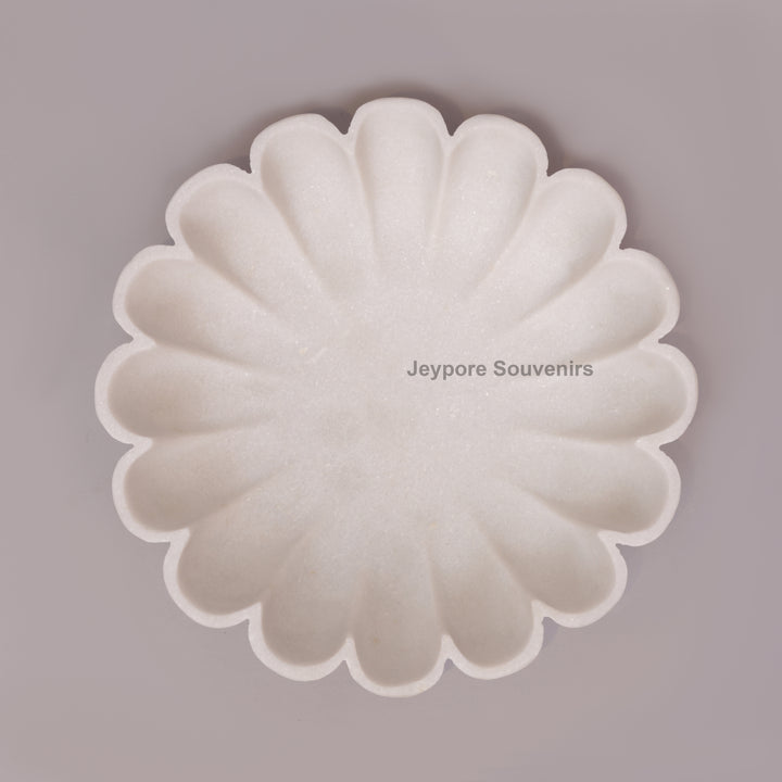 Hand-Carved White Marble scalloped Urli Bowl With Petal Shape