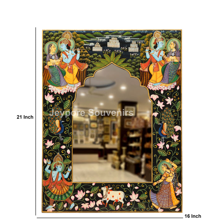 Radha Krishna Hand-Painted Pichwai Style Wall Mirror Frame