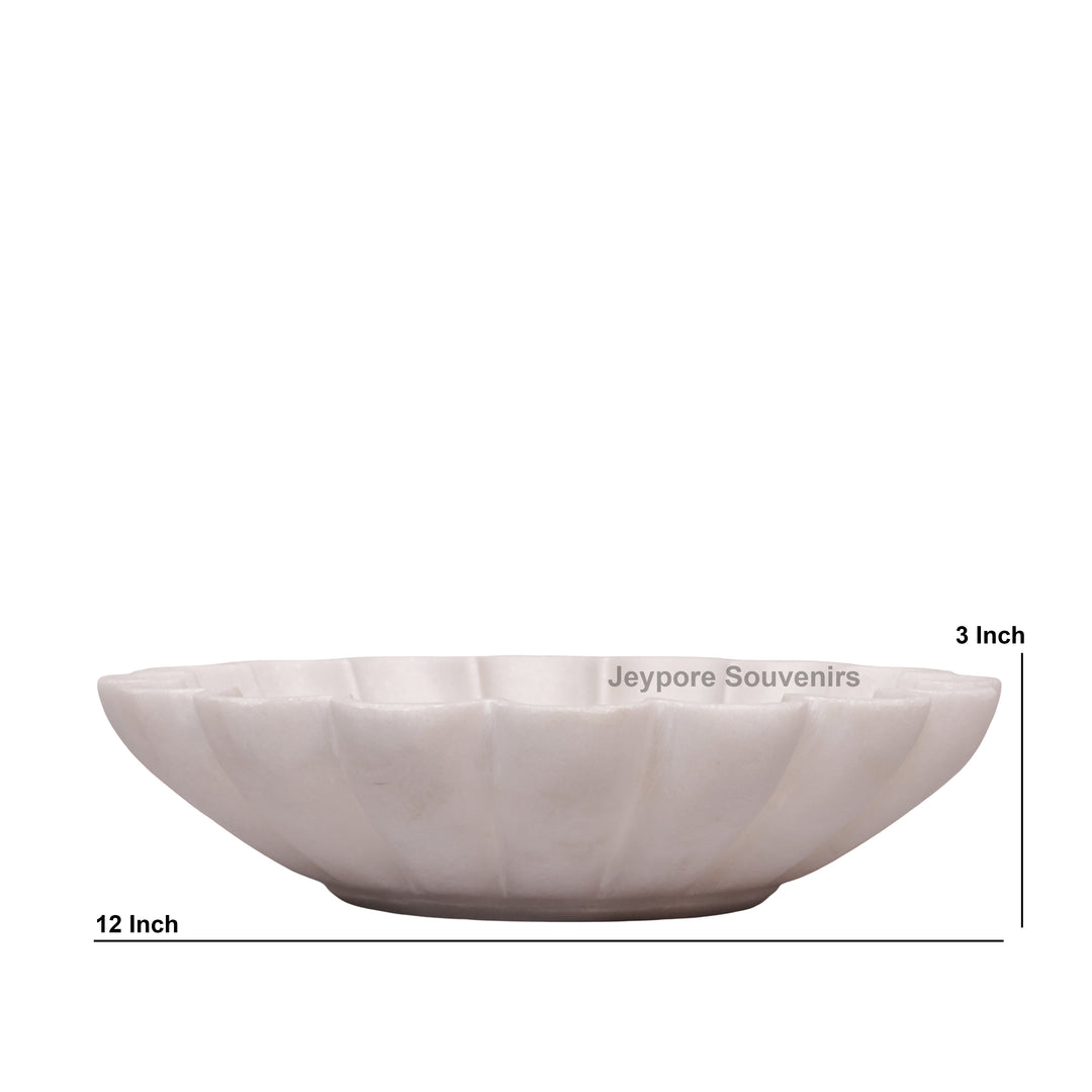 Hand-Carved White Marble scalloped Urli Bowl With Petal Shape