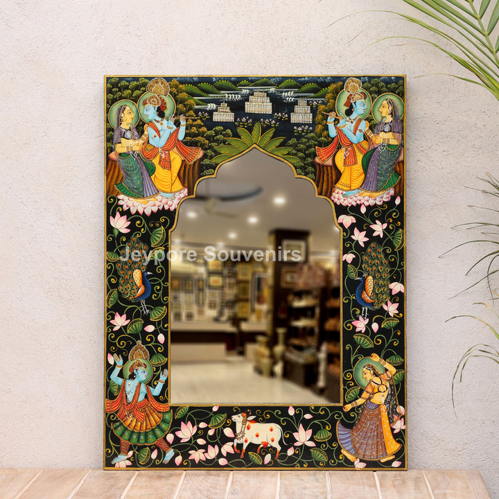 Radha Krishna Hand-Painted Pichwai Style Wall Mirror Frame