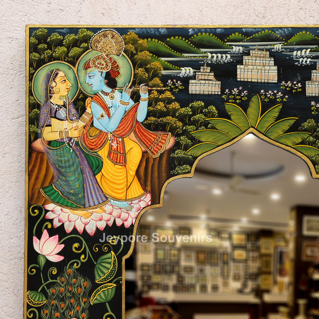 Radha Krishna Hand-Painted Pichwai Style Wall Mirror Frame