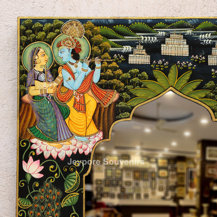 Radha Krishna Hand-Painted Pichwai Style Wall Mirror Frame