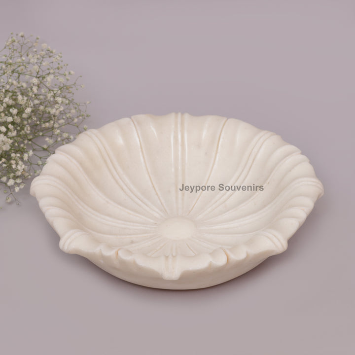 Hand-Carved White Marble Flower Urli Bowl with Fluted Petal Design
