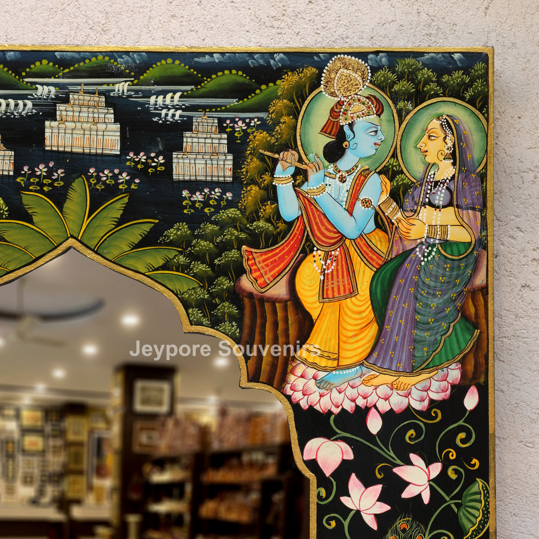 Radha Krishna Hand-Painted Pichwai Style Wall Mirror Frame