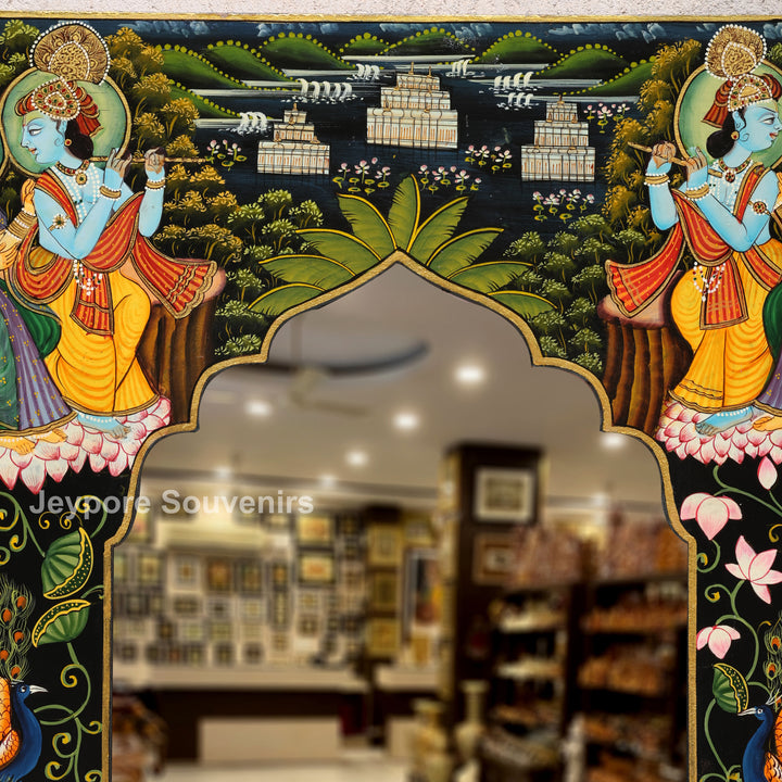 Radha Krishna Hand-Painted Pichwai Style Wall Mirror Frame