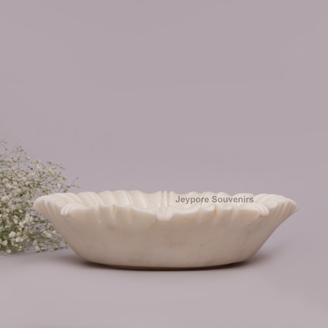 Hand-Carved White Marble Flower Urli Bowl with Fluted Petal Design