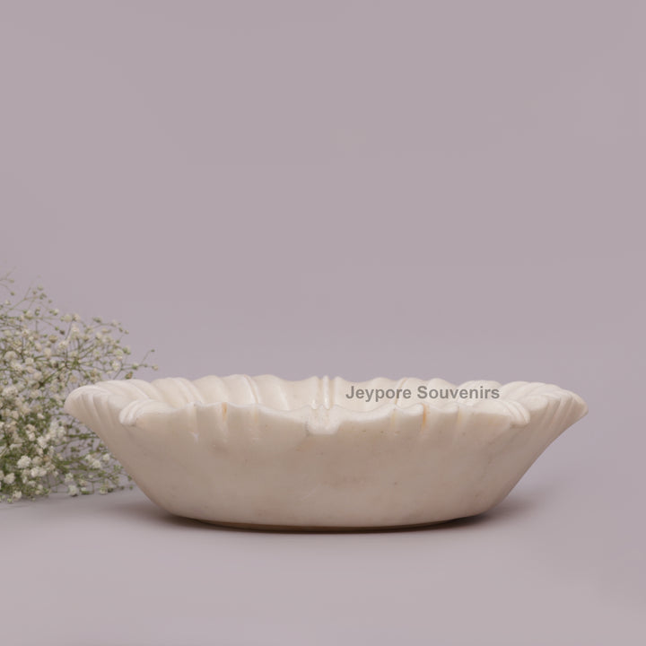Hand-Carved White Marble Flower Urli Bowl with Fluted Petal Design