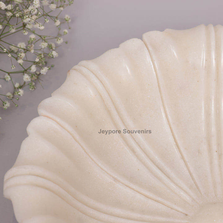 Hand-Carved White Marble Flower Urli Bowl with Fluted Petal Design