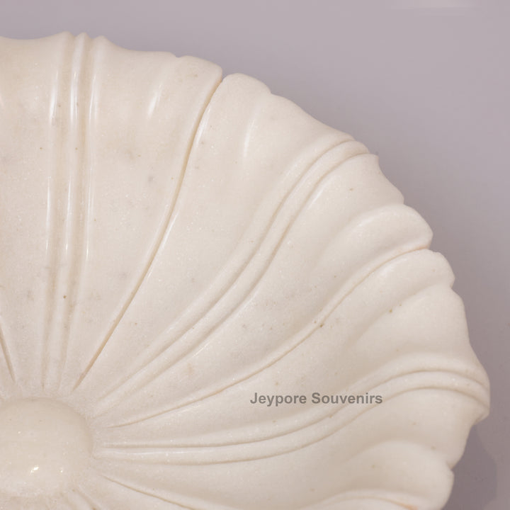 Hand-Carved White Marble Flower Urli Bowl with Fluted Petal Design