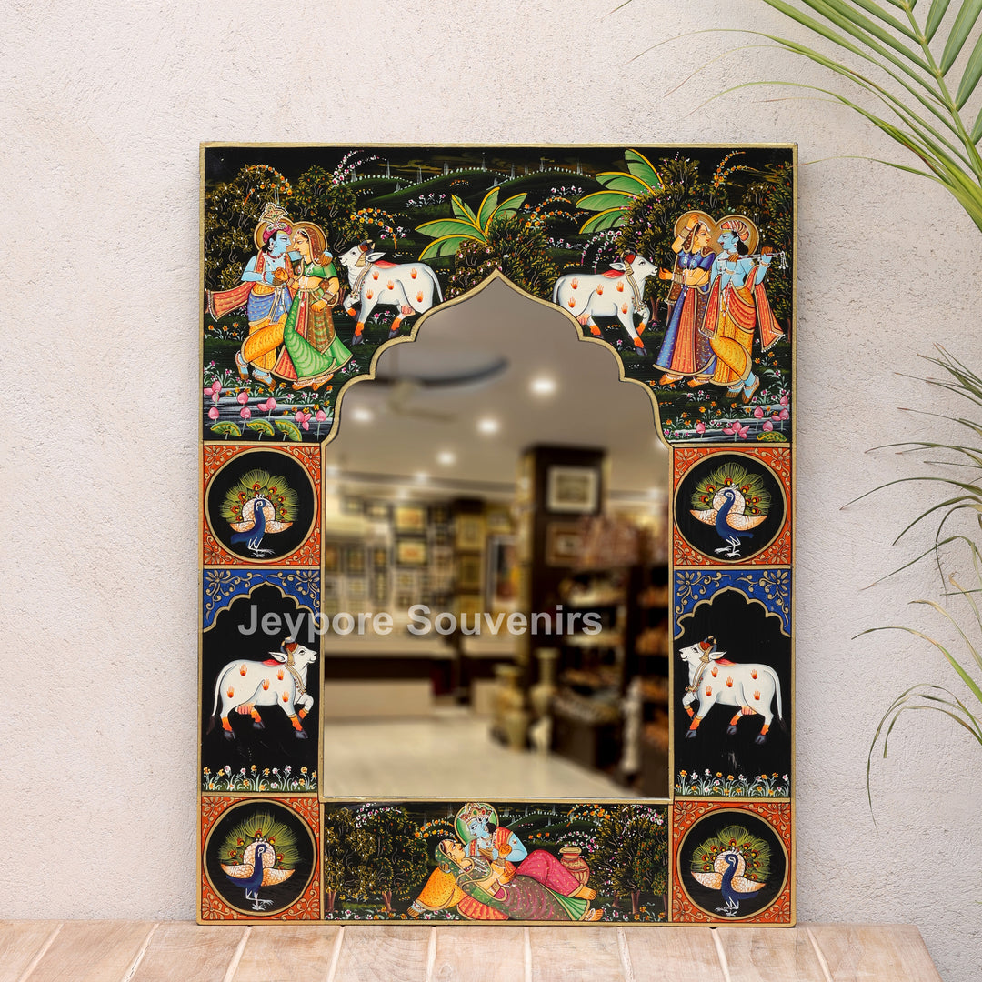 Hand-Painted Radha Krishna Pichwai Wall Mirror Frame