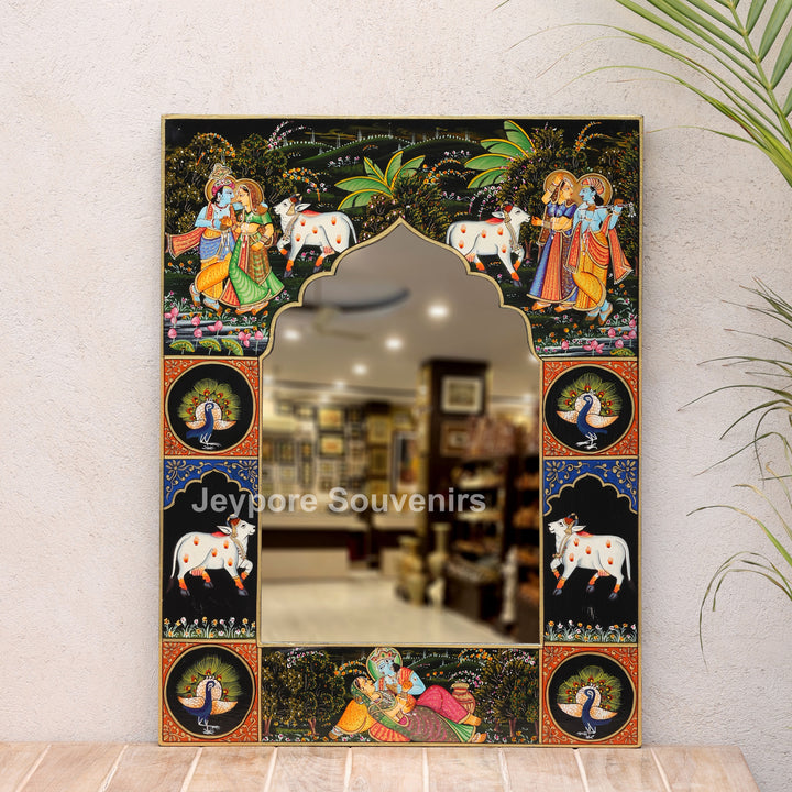 Hand-Painted Radha Krishna Pichwai Wall Mirror Frame