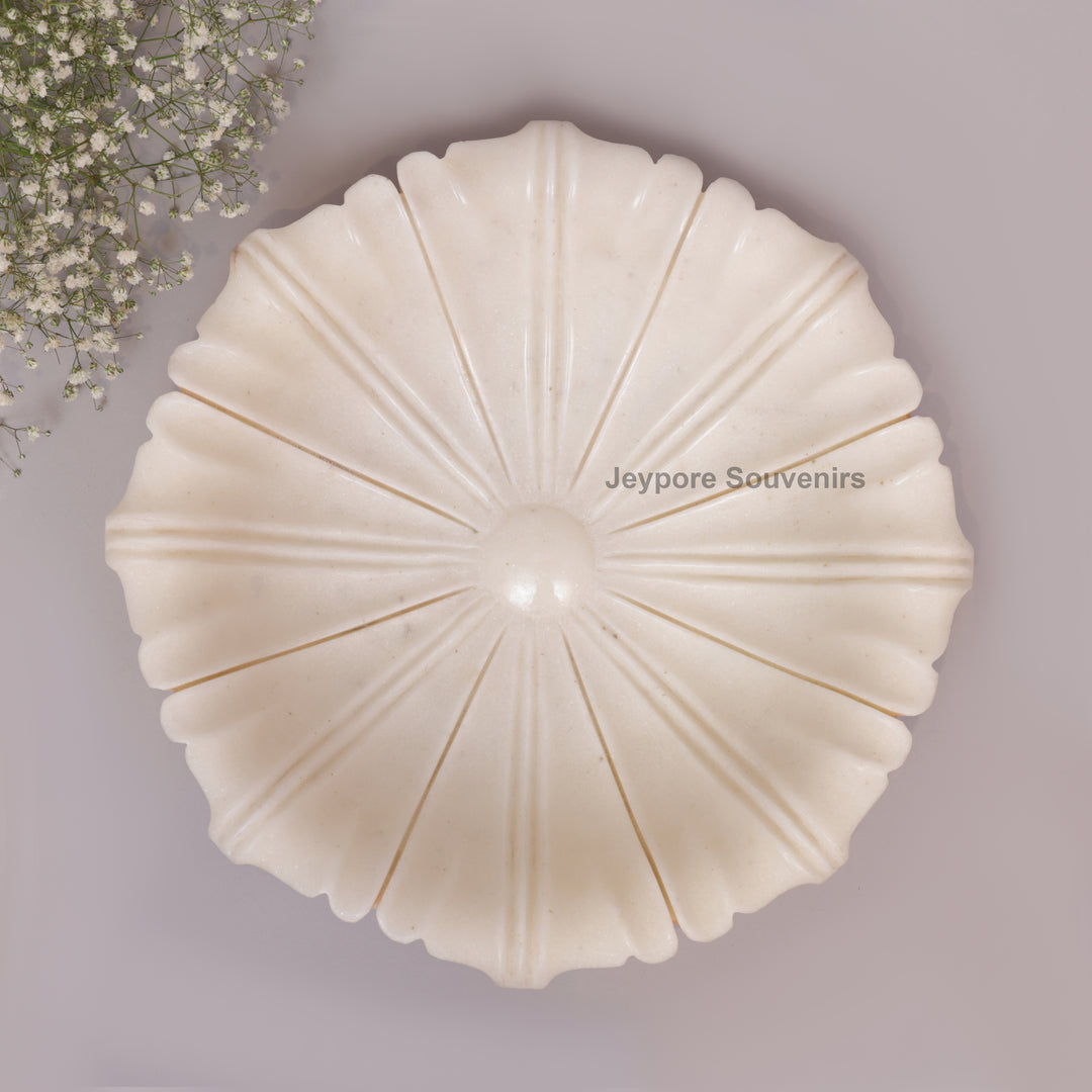 Hand-Carved White Marble Flower Urli Bowl with Fluted Petal Design