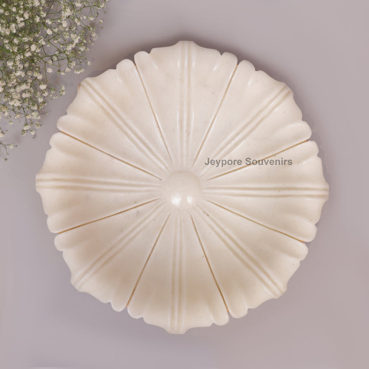 Hand-Carved White Marble Flower Urli Bowl with Fluted Petal Design