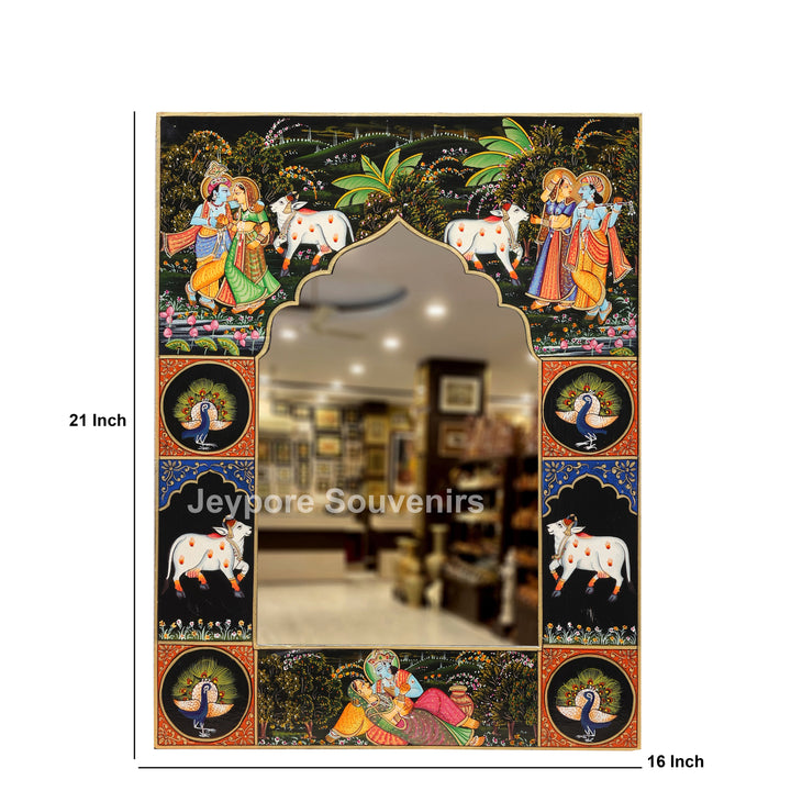 Hand-Painted Radha Krishna Pichwai Wall Mirror Frame