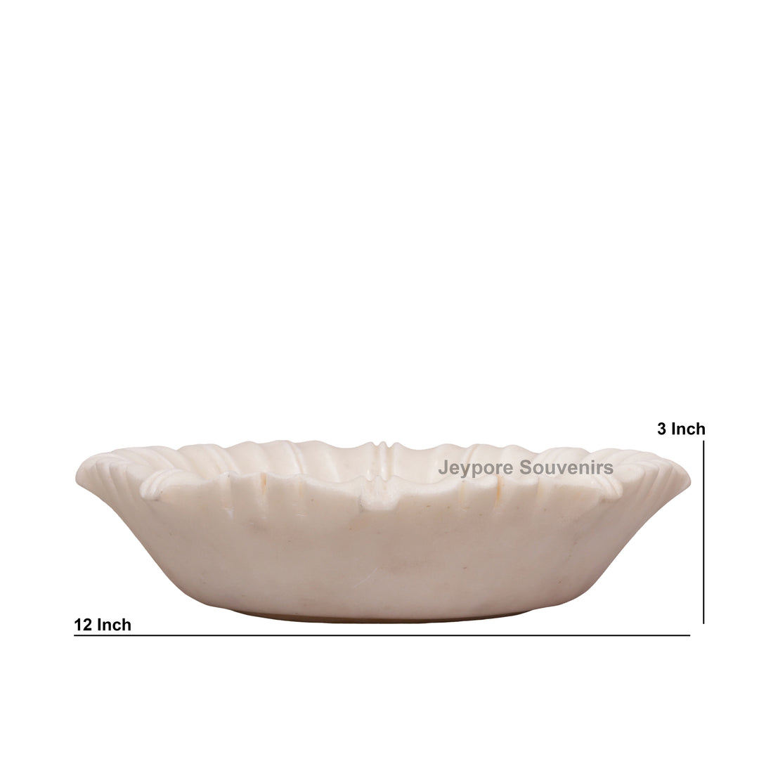 Hand-Carved White Marble Flower Urli Bowl with Fluted Petal Design