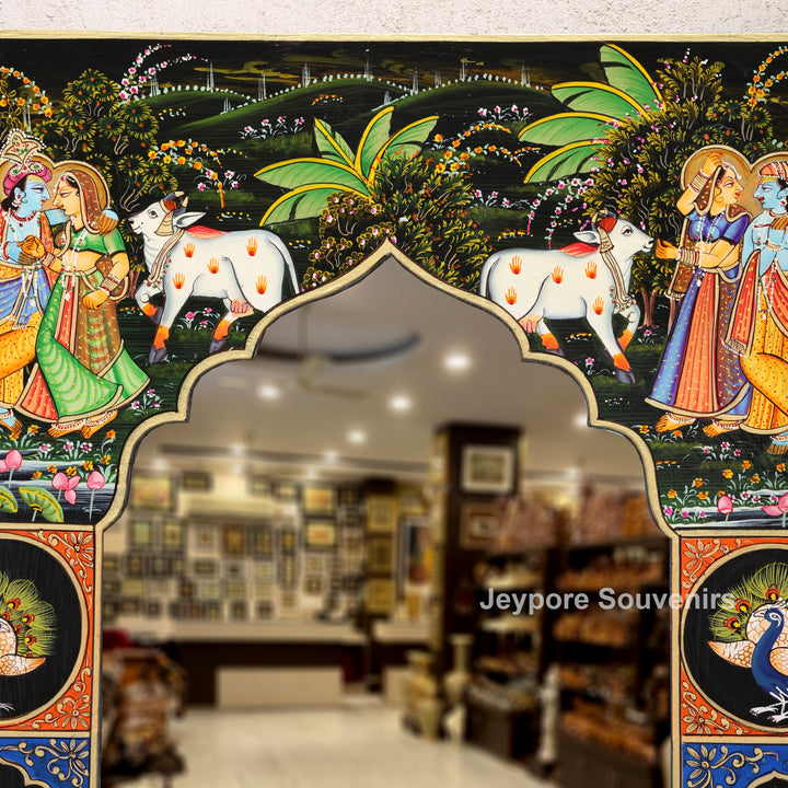 Hand-Painted Radha Krishna Pichwai Wall Mirror Frame