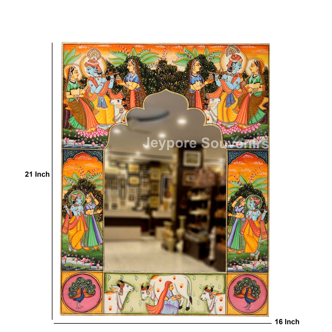 Hand-Painted Radha Krishna Pichwai Decorative Wall Mirror Frame