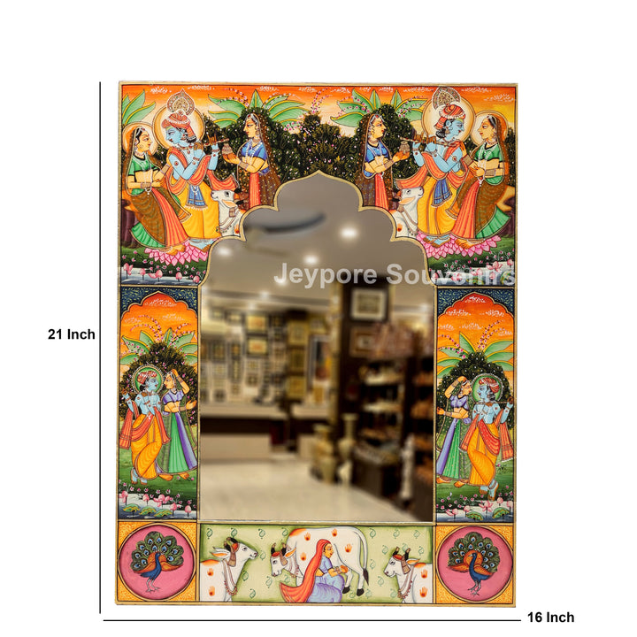 Hand-Painted Radha Krishna Pichwai Decorative Wall Mirror Frame