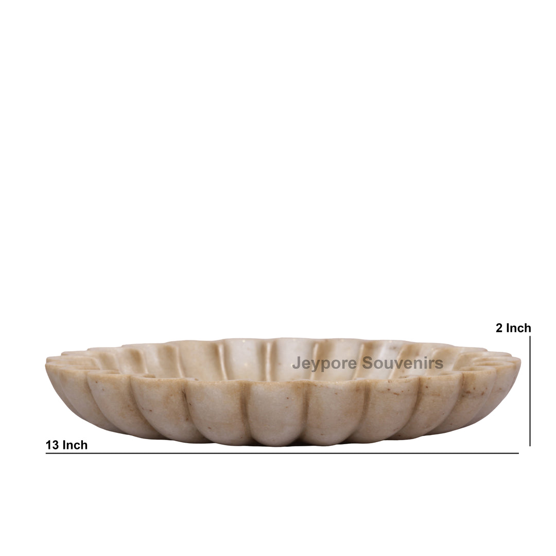 Hand-Carved White Marble Lotus Bowl with Scalloped Petal Design