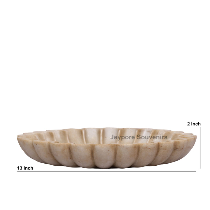 Hand-Carved White Marble Lotus Bowl with Scalloped Petal Design