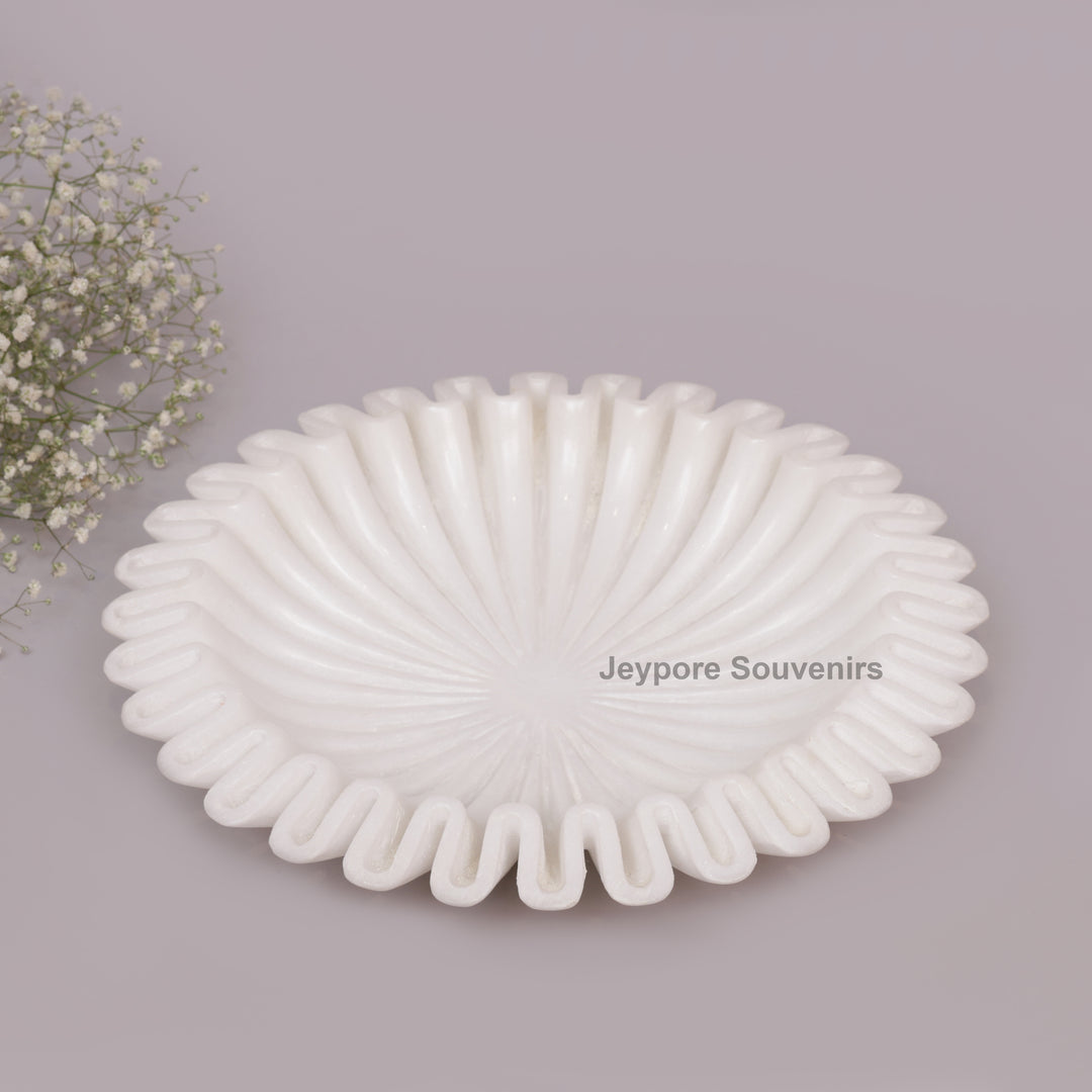 Handcrafted White Marble Ruffle Bowl with Scalloped Fluted Edge