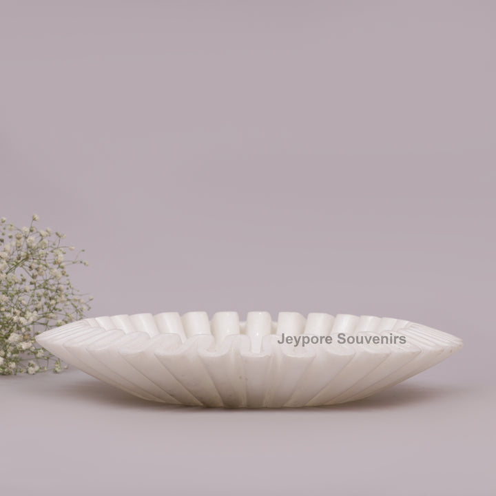Handcrafted White Marble Ruffle Bowl with Scalloped Fluted Edge