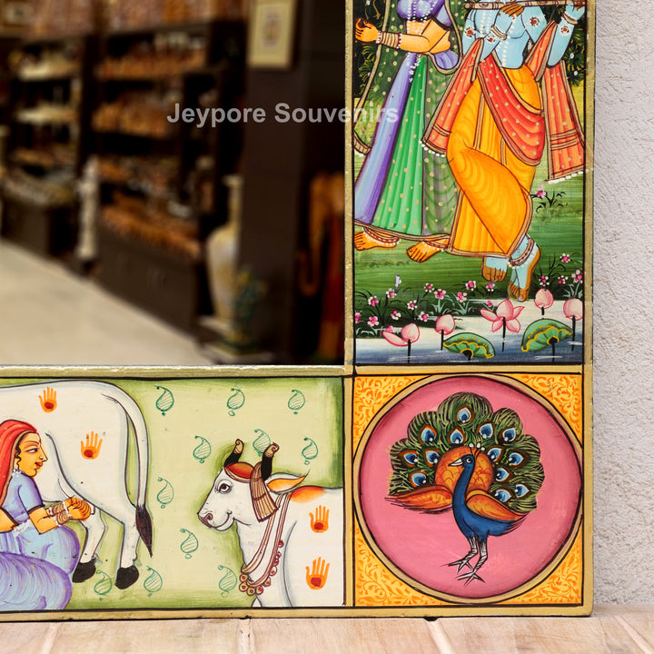 Hand-Painted Radha Krishna Pichwai Decorative Wall Mirror Frame