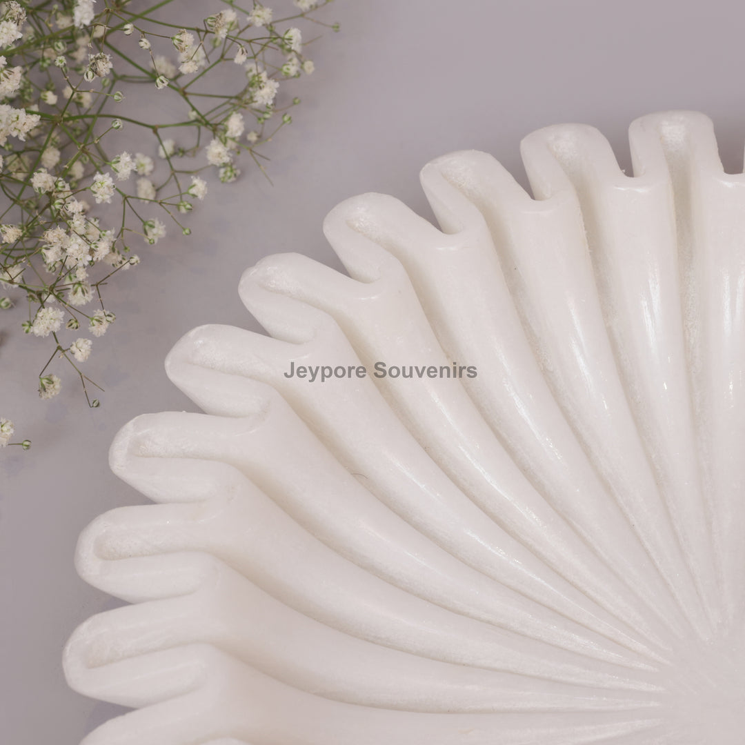Handcrafted White Marble Ruffle Bowl with Scalloped Fluted Edge