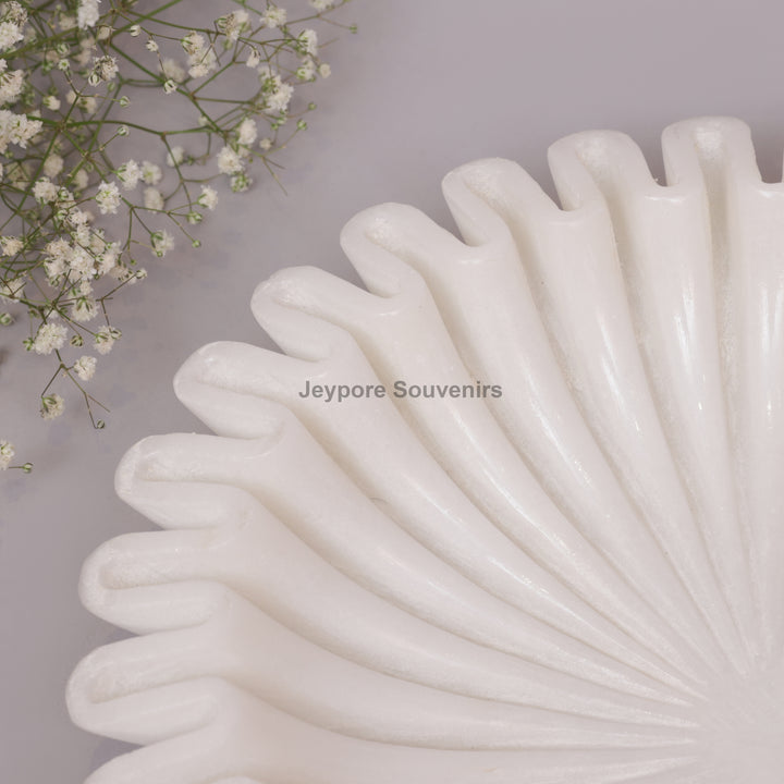 Handcrafted White Marble Ruffle Bowl with Scalloped Fluted Edge