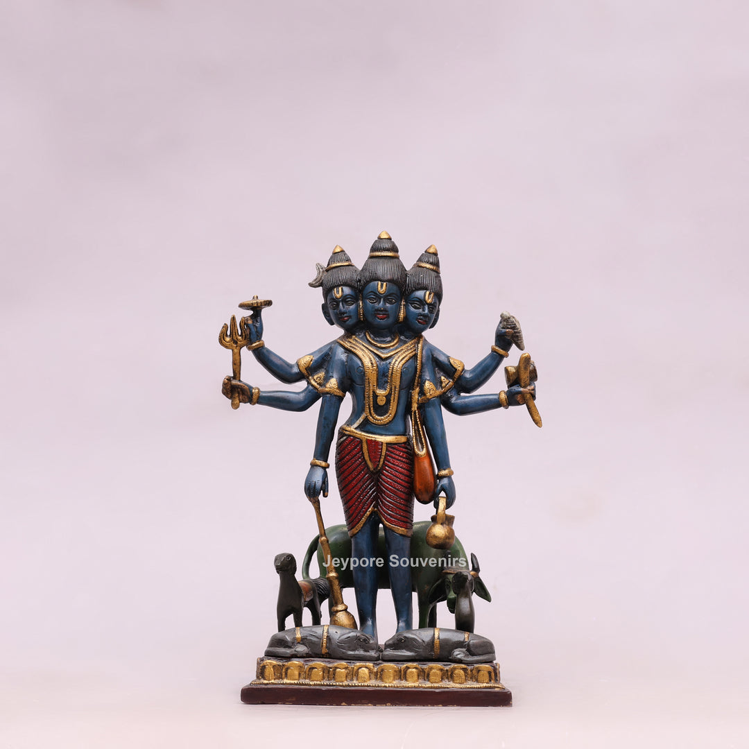 12" Handcrafted Brass Lord Dattatreya Statue with Hand-Painted Finish