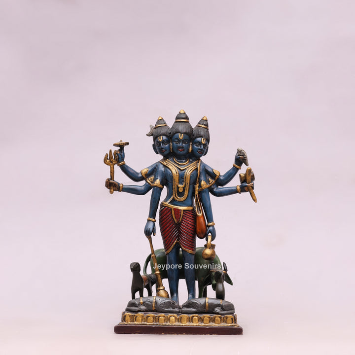 12" Handcrafted Brass Lord Dattatreya Statue with Hand-Painted Finish