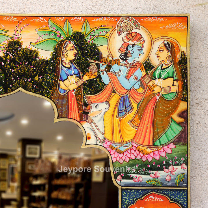 Hand-Painted Radha Krishna Pichwai Decorative Wall Mirror Frame
