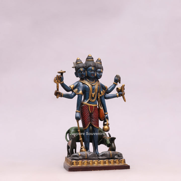 12" Handcrafted Brass Lord Dattatreya Statue with Hand-Painted Finish