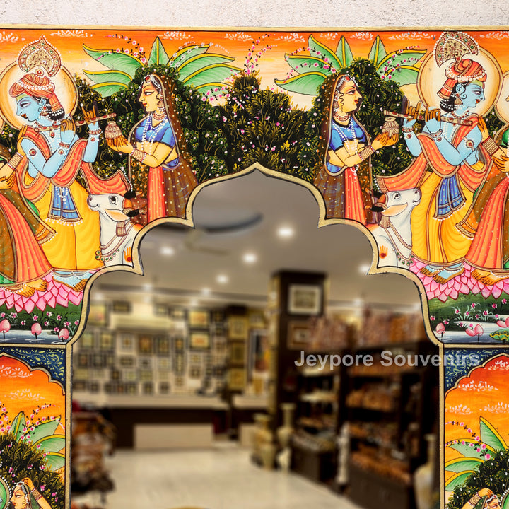 Hand-Painted Radha Krishna Pichwai Decorative Wall Mirror Frame
