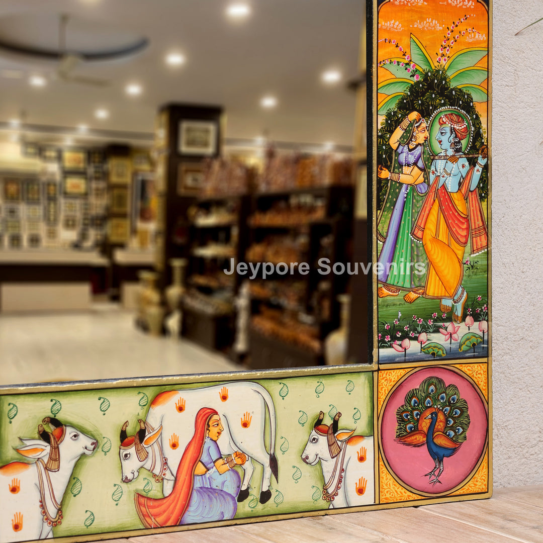 Hand-Painted Radha Krishna Pichwai Decorative Wall Mirror Frame