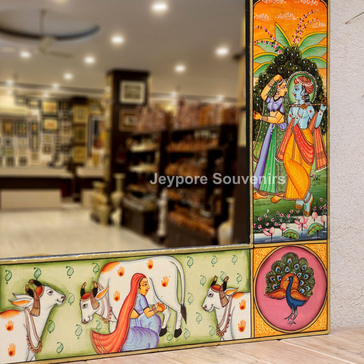 Hand-Painted Radha Krishna Pichwai Decorative Wall Mirror Frame