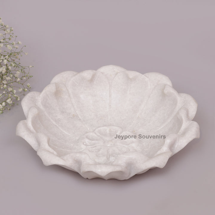 Hand-Carved White Marble Lotus Bowl with Petal Design