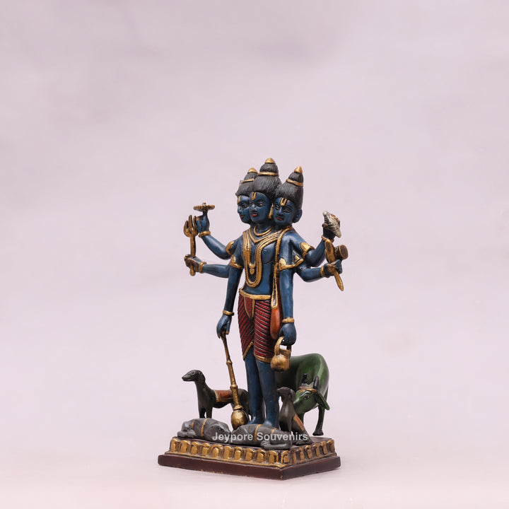 12" Handcrafted Brass Lord Dattatreya Statue with Hand-Painted Finish